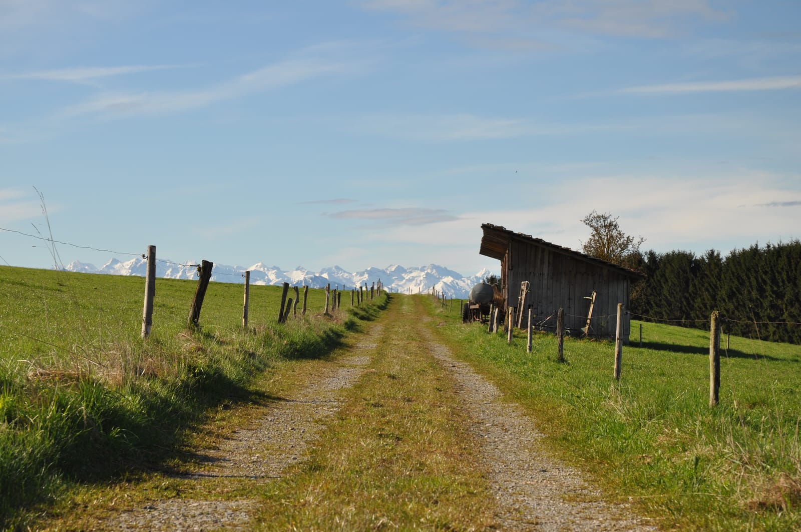 Feldweg mit Heustadel vor der Alpenkette