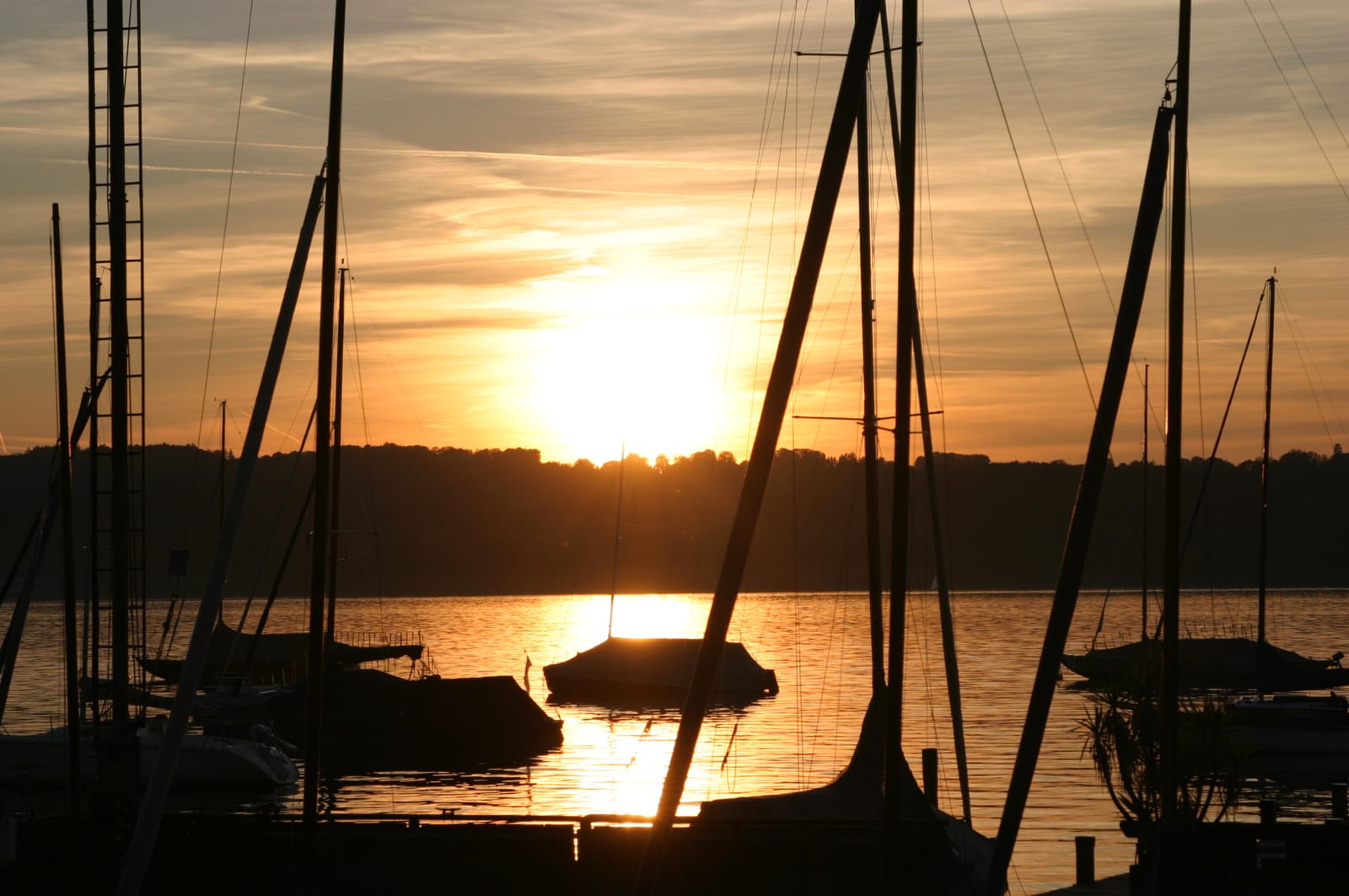 Sonnenuntergang im Segelhafen zwischen den Masten