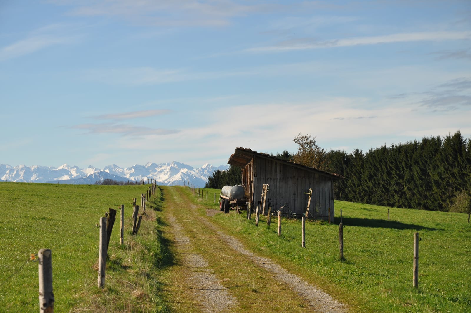 Wiesenweg mit Heustadel und Alpenpanorama